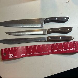 3 vintage Chefs Knives 9” Intetpur 9” RS stainless 8” RS stainless
